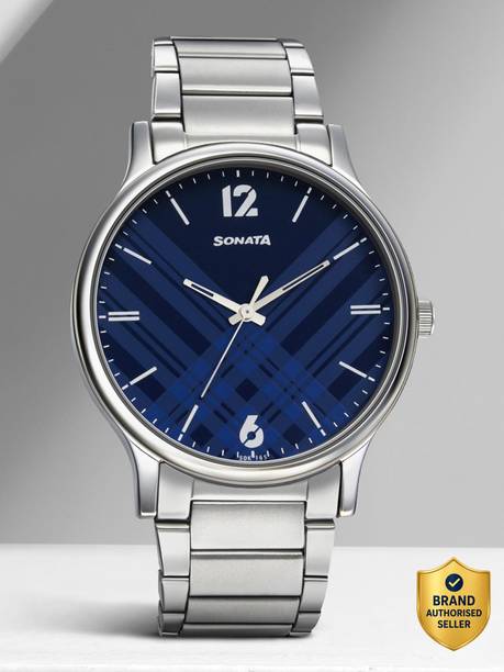 Sonata Smart Plaid Blue Dial Silver Stainless Steel Strap Analog Watch - For Men NT77105SM01W,NU77105SM01W