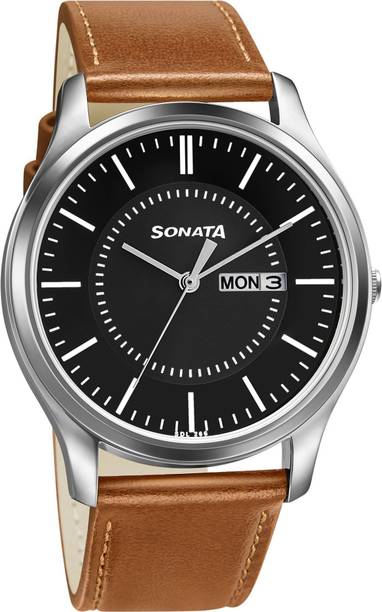 Sonata EStainless Steelentials Black Dial Tan LeatherStrap Analog Watch - For Men NT77082SL08W,77082SL08W,NU77082SL08W