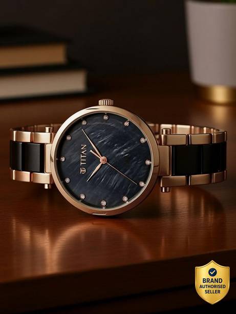 Titan Black Dial Rose Gold & Black Ceramic Strap Analog Watch - For Women NT9315YM02,NC19642964BM01,9315YM02,NU9315YM02,NU95061WD03