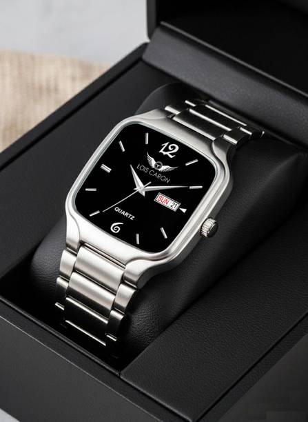 LOIS CARON Square Silver LCS-8397 Day & Date Functioning Black dial Elegant Series Silver Square Quartz For /Boys Analog Watch  - For Men