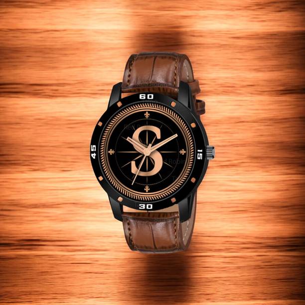 Atix ALPHA-S-AVO-BLK-DBRW-CRL-AT Fancy Design Stylish ALPHABET S Dial Brown Leather Strap Men Wrist Watch Analog Watch  - For Boys