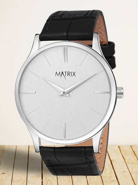 MATRIX Signature Two Hands Signature Cut Glass White Dial Black Leather Strap Analog Watch  - For Men & Women