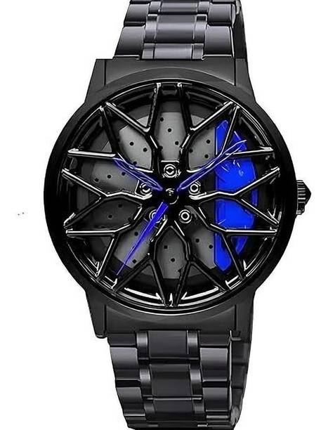 Black Steel Analog Watch with Blue Accents and Unique Wheel Dial Design Analog Watch  - For Boys Luxury Black Steel Wheel Analog Wrist Watch for Men