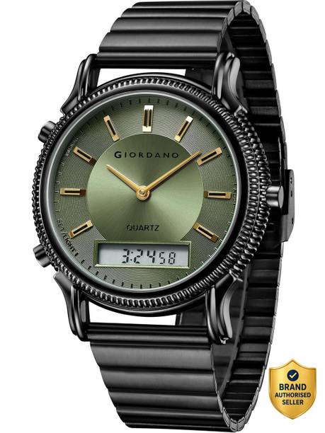 Analog-Digital Watch  - For Men Round Green Dial with Dual Display, Black Stainless Steel Strap GZ-50209-33