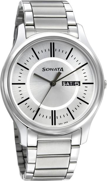 Sonata ESSentials Silver Dial Silver SS Strap Analog Watch - For Men NT77082SM02W,NU77082SM02W