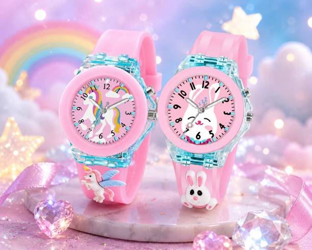 Kids Rabbit And Unicorn Combo Waterproof Watches For Kids Girls Light Analog Watch  - For Girls Weight Christmas Valentine Day Gift for Girls Age 8-10 Years Under 500