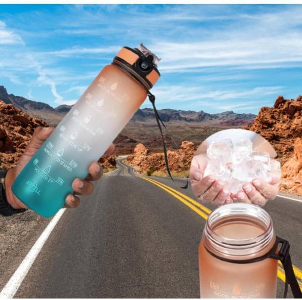Prihit Motivational Water Bottle With Straw & Time Marker Leakproof & BPA Free_1 1000 ml Plastic Bottle With Drinking Glass