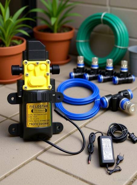 Fieldstar DIY Misting System Kit Nozzles Pump 12V Pipe Connectors Terrace 8 Nozzles Diaphragm Water Pump
