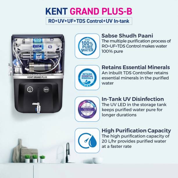 KENT GRAND PLUS B 9 L RO + UV + UF + TDS Control + UV in Tank Water Purifier  (Black)