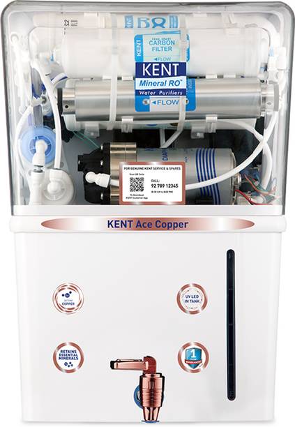 KENT ACE Copper 8 L RO + UV + UF + Copper + TDS Control + UV LED Water Purifier Advanced ROTech for Sabse Shudh Paani Auto Flush 8L 20LPH Ideal for Borewell/Tanker/Municipal Water