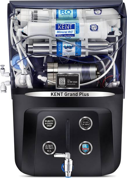 KENT Grand Plus 9 L RO + UV + UF + TDS Control + UV in Tank Water Purifier | .0001 Micron RO Membrane | ISI Marked | Auto Flush Feature | 9L Tank | 20 LPH | Ideal For Borewell/Tanker/Municipal Water