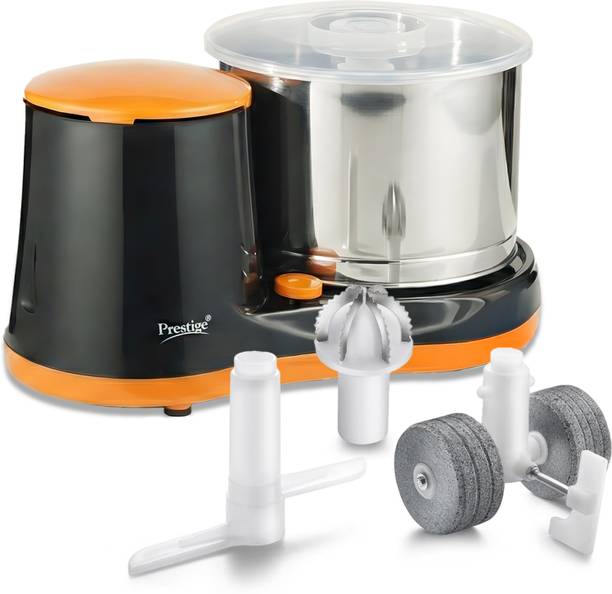 Prestige PWG 07 Wet Grinder |200 Watts Heavy Duty Motor|Coconut Scraper Attachment|Atta Kneader Attachment|Stainless Steel Drum|2 Years Warranty|Grey & Black