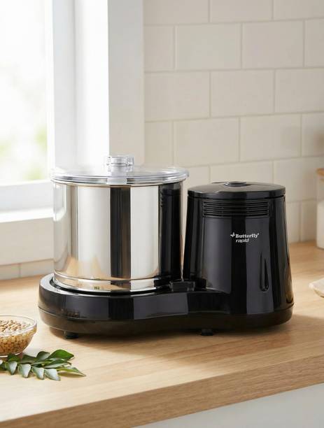 Butterfly Rapid Wet Grinder 150 Watts | Shockproof ABS Body | Coconut Scrapper Attachment | Dough Kneader | Stainless Steel Drum | 2 Years Manufacturer's Warranty | Grey