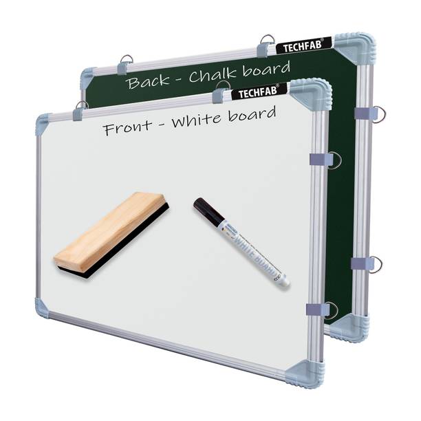 Techfab Non Magnetic 2x2 Feet Double Sided Whiteboard and Chalkboard | Dry Erase Marker Board Front & Reverse Green Chalk Board | Glossy Surface | Robust Aluminum Frame (60x60 Cms) Whiteboards and Duster Combos