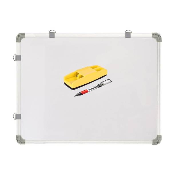 Boardy Non Magnetic Whiteboard 2x2 Feet Double Sided Marker Board and Chalk Board with 1 Marker & 1 Duster l Robust Aluminum Frame with Sliding Hanging Clips (60cm x 60cm) Whiteboards