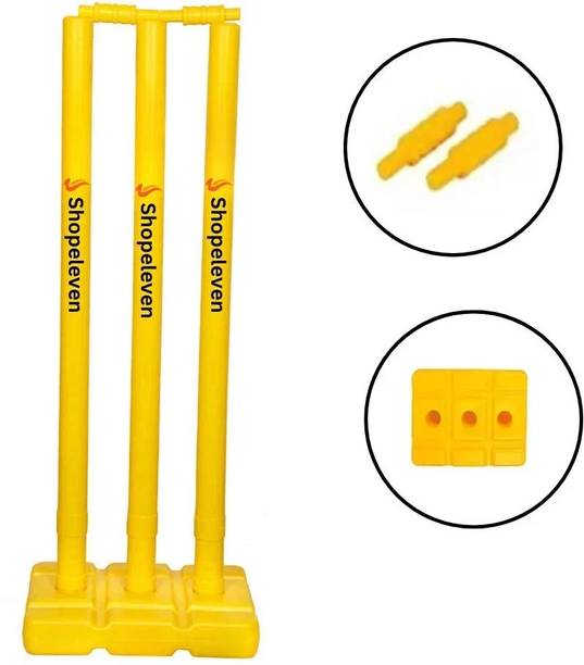 Shopeleven Plastic Cricket Stumps Set, 3 Stumps 2 Bails 1 Stand, Wickets for Cricket Ground