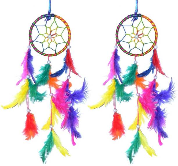 Divaura (Set Of 2 Pcs) Muticolor Ring Handmade Beaded Down & FeatherFill Dream Catcher Feather Dream Catcher