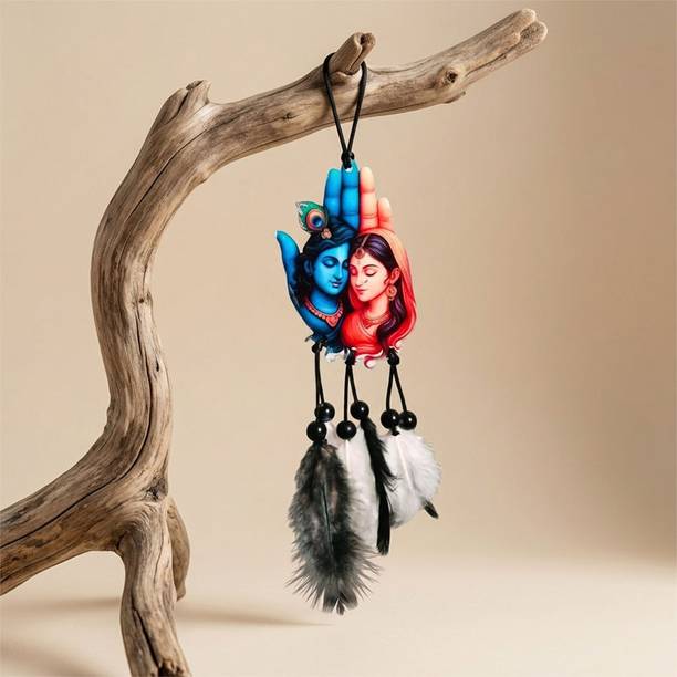 Dikshacreation Palm Radhe Krishna Car Hanging Acrylic Rear View Mirror Decor Plastic Dream Catcher