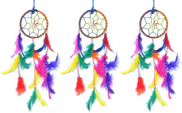 Divaura (Set Of 3 Pcs) Muticolor Ring Handmade Beaded Down & FeatherFill Dream Catcher Feather Dream Catcher