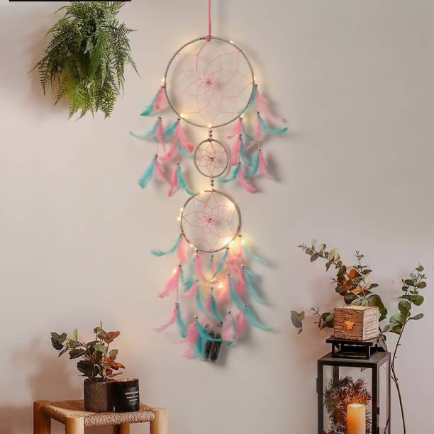 DULI Dream catcher with Lights Handmade Wall Hanging for Home Cafe Party Decor Feather Dream Catcher