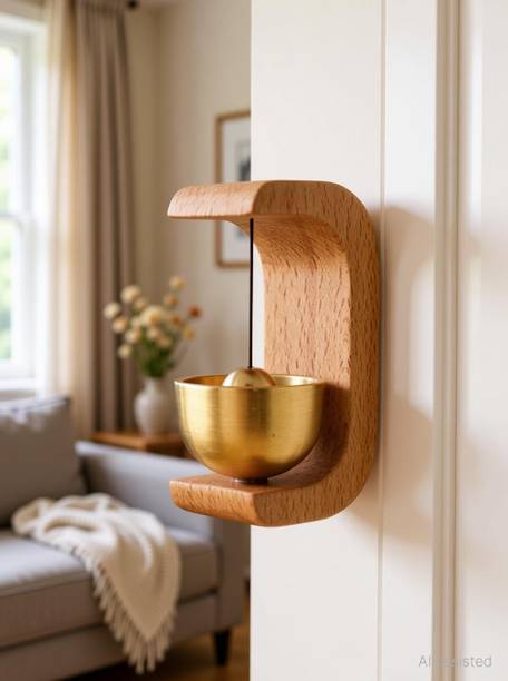 Vibecraft Wooden Door Bell with Brass Bell Dopamine Door Bell Adhesive Magnetic Doorbell Iron, Wood Windchime
