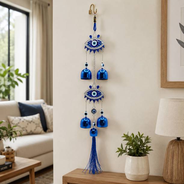 Pink City Blue Evil Eye Decorative Wall & Car Hanging with Bells Plastic Dream Catcher