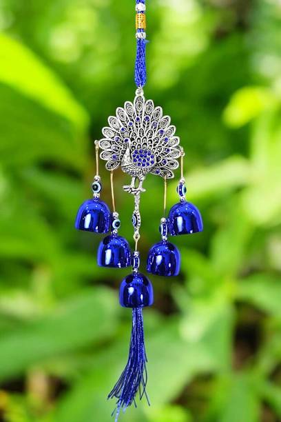 advik mart Peacock Wind Chime with Blue Bells and Evil Eye, Hanging Home Decor Decorative Showpiece  -  38 cm