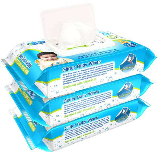 ग्लाइडर Baby Wipes - with Moisture Lock Flip-Top , Contains Aloe Vera & Vitmain E , pH balanced with No Parabens & Chlorine - Pack of 3