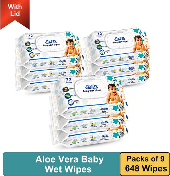 Jr. Sr. Baby Wipes with Aloe Vera, Vitamin E & Chamomile Oil, With Lid | Pack of 9
