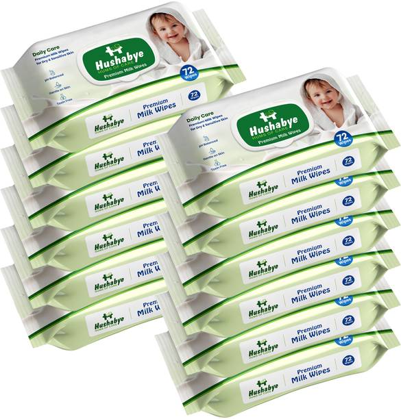 Hushabye Premium Milk Cleansing Baby Wipes With Lid, Vitamin E, pH Balanced,Pack of 12
