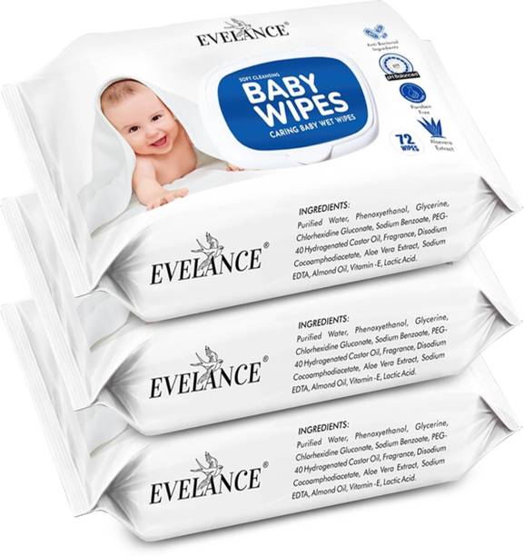 EVELANCE Caring Baby Wet Wipes with lid & Aloe Vera Extract| 72 Pieces|Pack Of 3