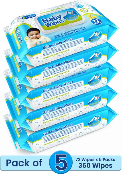 GLIDER Baby Wipes - with Moisture Lock Flip-Top , Contains Aloe Vera & Vitmain E , pH balanced with No Parabens & Chlorine - Pack of 5