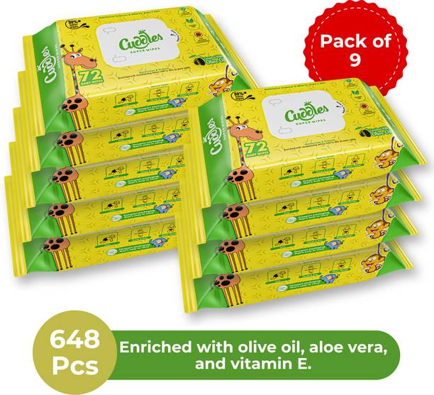 Cuddles SUPER WIPES Enriched with Aloevera, Olive Oil and Vitamin E (Pack of 9)