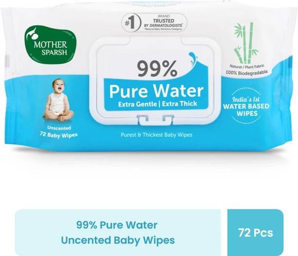Mother Sparsh 99% Pure Water Based Baby Wipes Unscented - Natural Plant Made Cloth - Super Thick Fabric , 72 Wipes Each , Pack Of 1