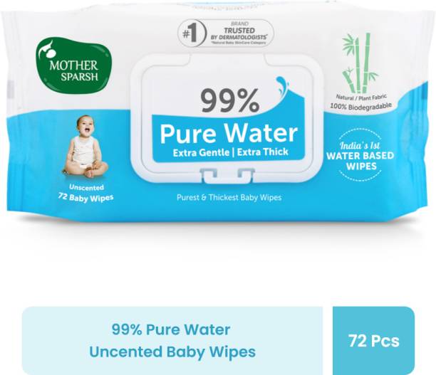 Mother Sparsh 99% Pure Water Based Baby Wipes (Unscented) - Natural Plant made cloth - Super Thick Fabric , 72 Wipes Each , Pack of 1
