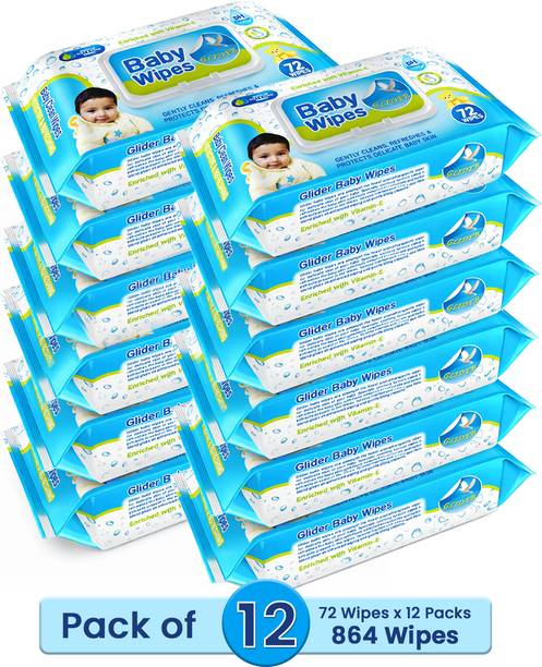 GLIDER Soft Baby Wipes with Fliptop | Aloe Vera & Vitamin E | Paraben Free | Pack of 12