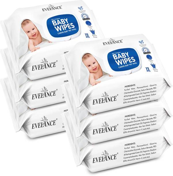 EVELANCE Caring Baby Wet Wipes with lid & Aloe Vera Extract| 72 Pieces|Pack Of 6