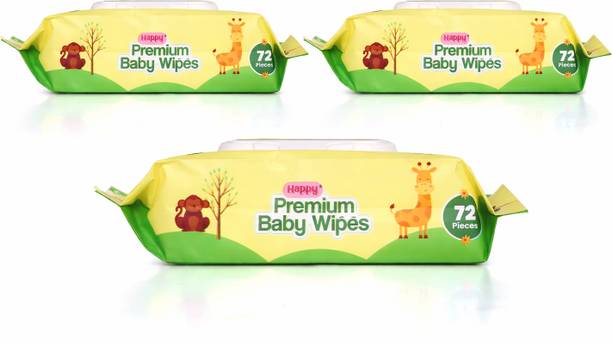 Happy Premium Baby Wipes Export Quality with Aloe Vera & Vitamin E 72 wipes pack of 3