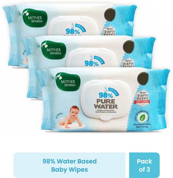 Mother Sparsh 98% Water Based Wipes (Mild -Scented) 80 Wipes, Pack of 3 - Plant Based Fabric