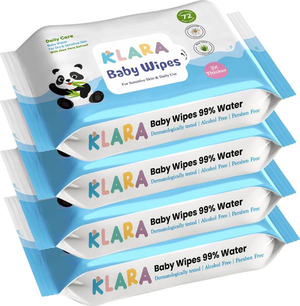 Klara 99%Pure Water Baby Wipes with Aloe Vera,Rash-Free(72 Wipes Each Pack,Pack of 4)