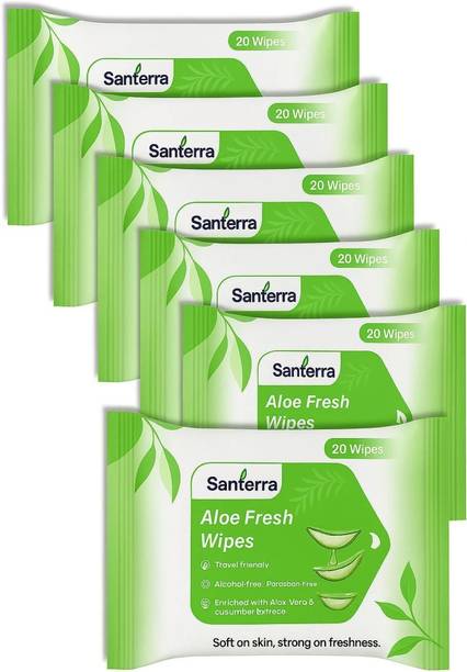 Santerra Refreshing Face Wipes with Aloe Vera, Skin Cleaning Wet Wipes Pack of 6
