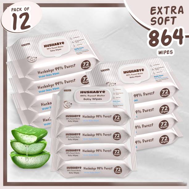 Hushabye Premium Soft Baby Wipes with Aloe Vera Rash-Free 72 Wipes Each Pack Pack of 12