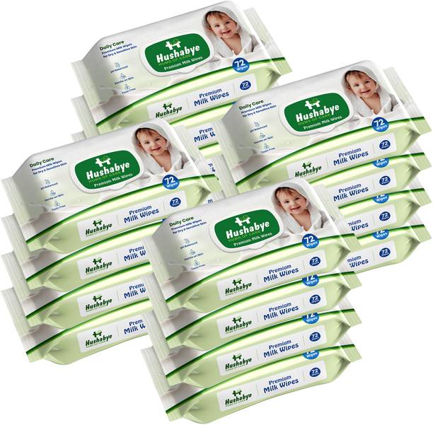 Hushabye Premium Milk Cleansing Baby Wipes With Lid, Vitamin E, pH Balanced,Pack of 16