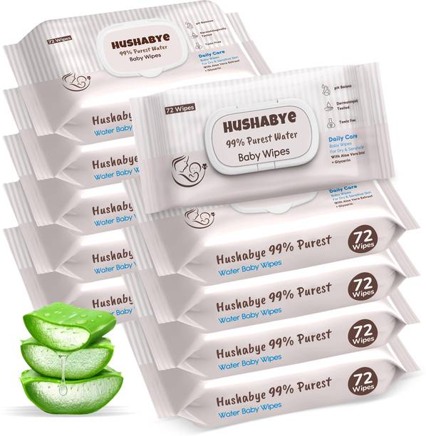 Hushabye Premium Soft Baby Wipes with Aloe Vera Rash-Free 72 Wipes Each Pack Pack of 10