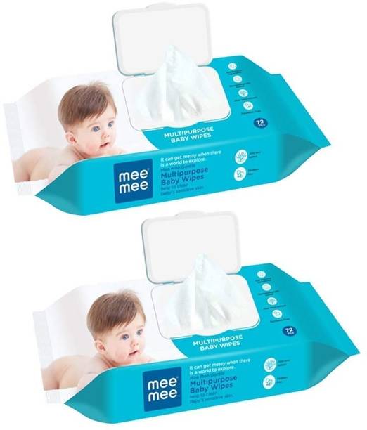MeeMee Caring Baby Wet Wipes with lid, 72 Pcs (Aloe Vera, Pack of 2))
