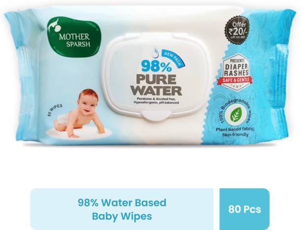 Mother Sparsh 98% Water Based Wipes (mild scented) - Natural Plant Derived Fabric , 80 Wipes Each , Pack of 1