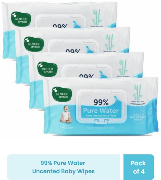 Mother Sparsh 99% Pure Water Based Baby Wipes (Unscented) - Natural Plant made cloth - Super Thick Fabric , 72 Wipes Each , Pack of 4 (Super Saver Pack)