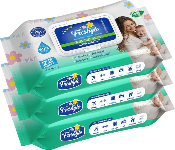 Freshylo Baby Wipes with Lid & 99% Purified Water | pH-Balanced Wet Tissues, Pack of 3