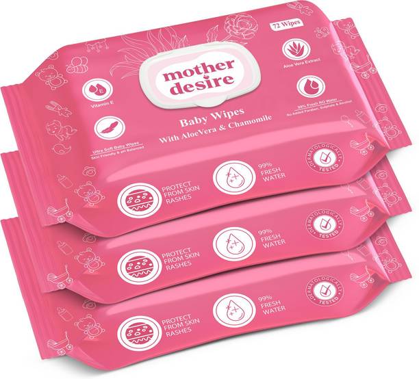 Mother Desire Baby Wipes With Lid, 99% Pure Water, Aloevera, Chamomile, pH Balanced, Pack Of 3