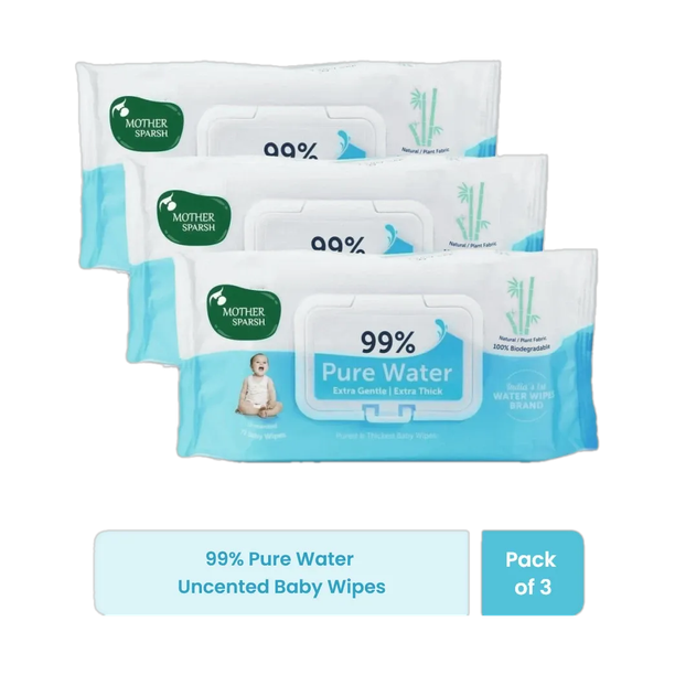 Mother Sparsh 99% Pure Water Based Baby Wipes (Unscented) - Natural Plant made cloth - Super Thick Fabric , 72 Wipes Each , Pack of 3